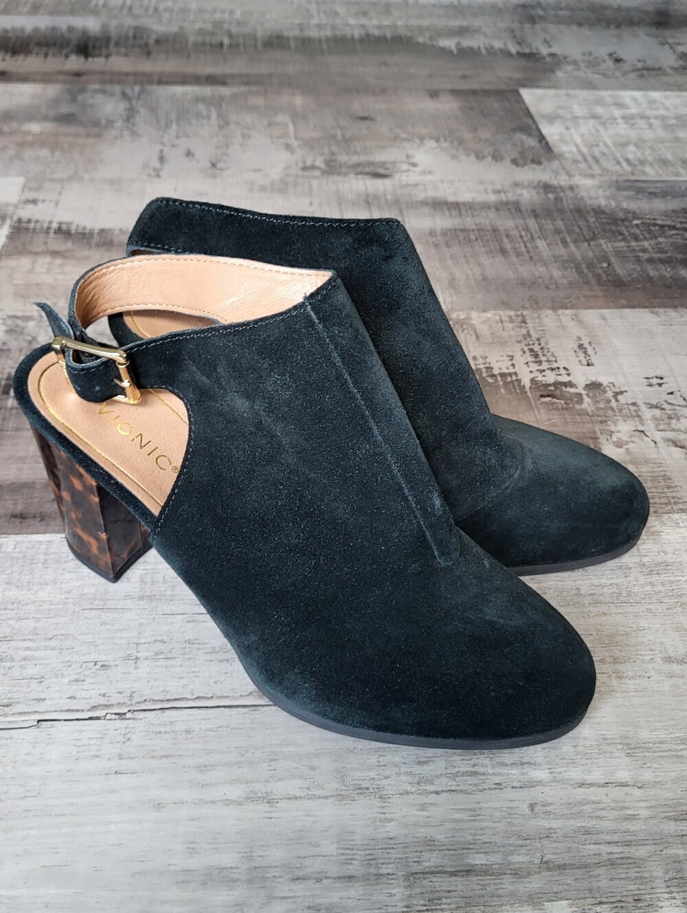 Vionic Lacey Suede Booties Size 9.5 Tortoise Block Heel Black Leather